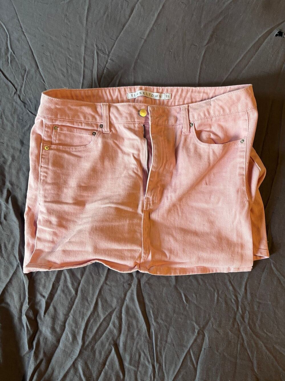 Tinseltown Skirt Girls 15 Pink Denim Mini Skirt Front Zip Pockets Rivets Button